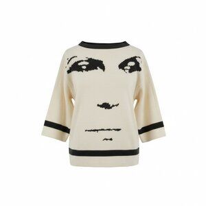 Bill Haire vintage 80s Face Print Sweater Bell Sleeves Boat Neck Lightweight